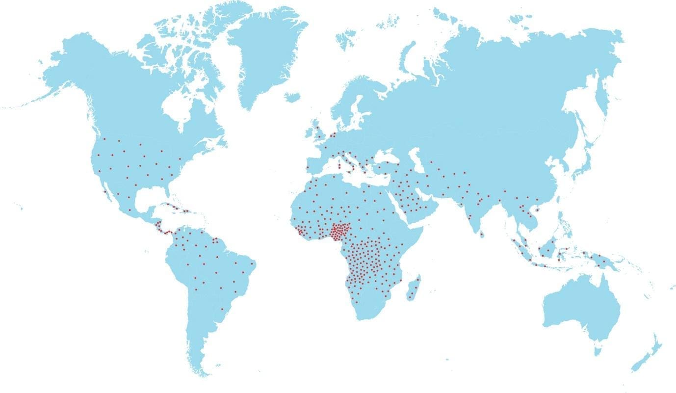Image depicting a world map representing the prevalence of sickle cell anemia in different regions
