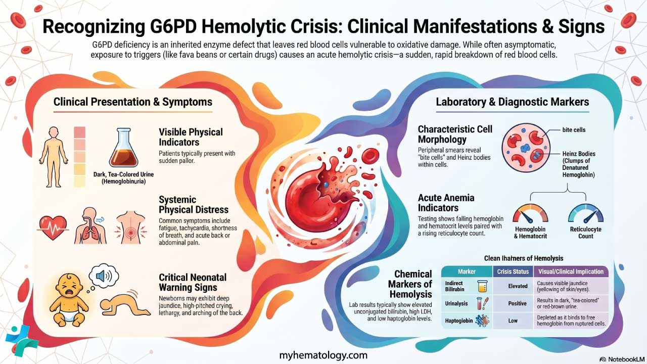 Clinical manifestations of G6PD hemolytic crisis