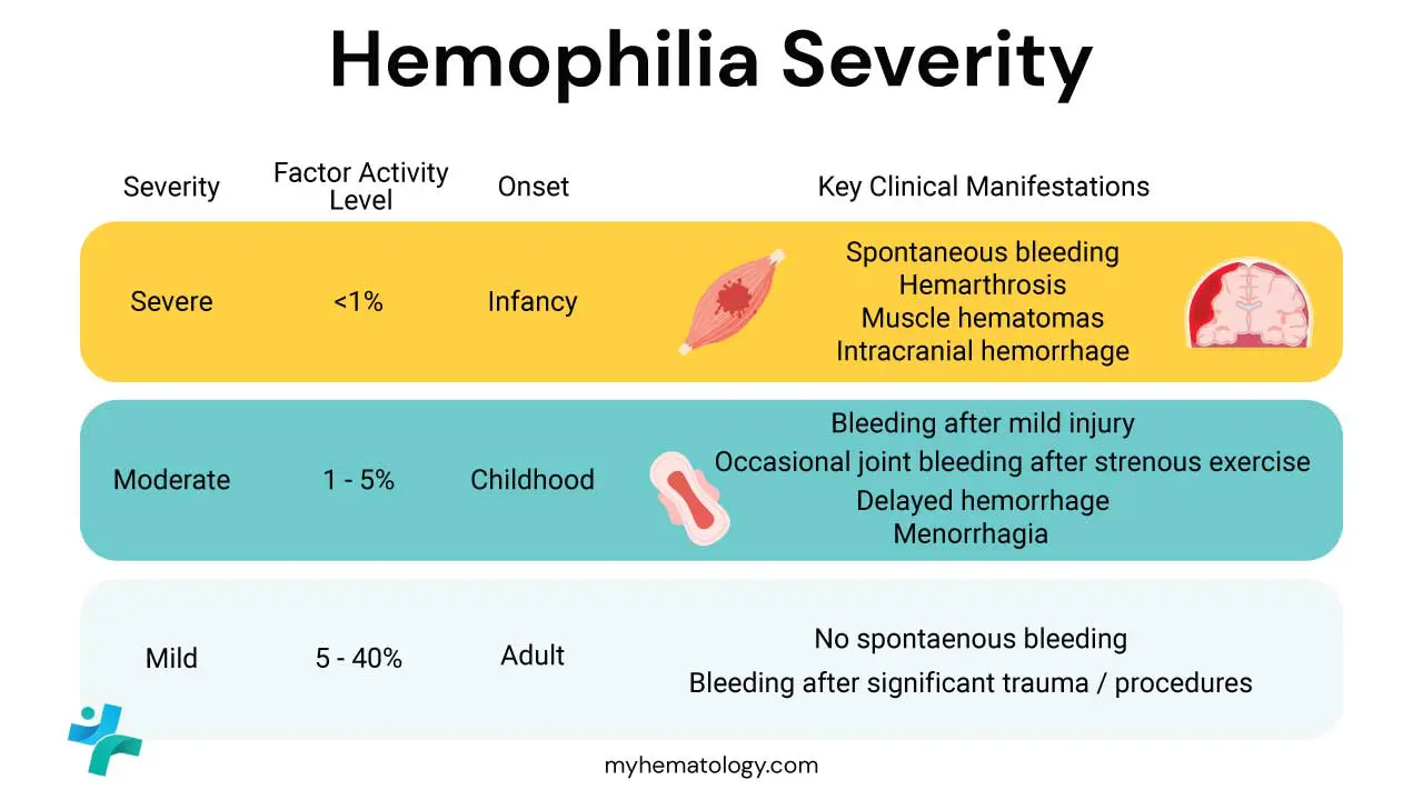 Symptoms of hemophilia are directly correlated with factor activity levels, classifying the disease into three categories. Individuals with severe hemophilia (< 1% factor activity) experience spontaneous bleeding as the hallmark, most frequently manifesting as debilitating hemarthrosis (joint bleeding) and muscle hematomas, with a high risk of life-threatening internal hemorrhage, typically starting in infancy. Those with moderate hemophilia (1%-5% factor activity) rarely bleed spontaneously; their symptoms are generally trauma-induced, occurring after minor injuries or invasive procedures, though joint bleeding can occur after strenuous activity. Finally, individuals with mild hemophilia (> 5%-40% factor activity) typically remain undiagnosed until adulthood, experiencing bleeding only after significant trauma, major surgery, or dental procedures, with no spontaneous joint or muscle bleeding.