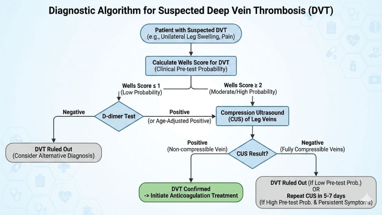 Diagnostic algorithm for suspected deep vein thrombosis or DVT.