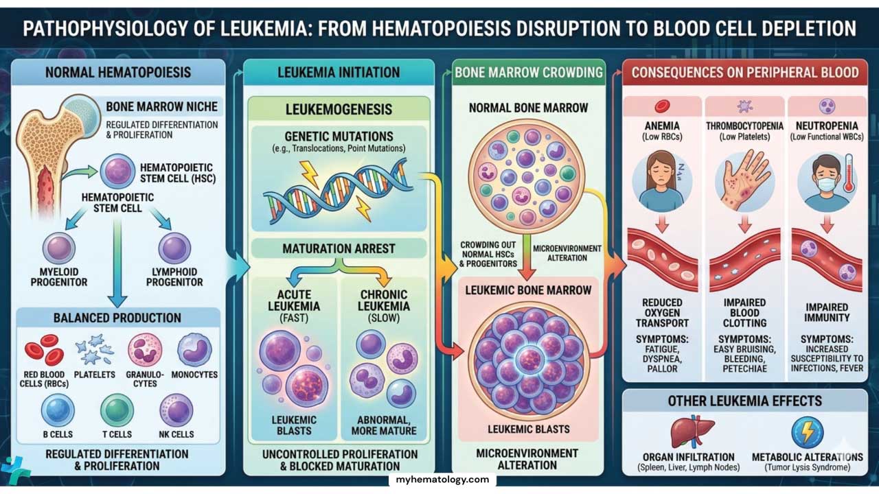 A comprehensive infographic titled 'Pathophysiology of Leukemia.' It follows a four-stage flow: 1) Normal Hematopoiesis shows regulated stem cell differentiation into balanced RBCs, WBCs, and platelets. 2) Leukemia Initiation illustrates genetic mutations causing maturation arrest and uncontrolled proliferation of leukemic blasts. 3) Bone Marrow Crowding depicts leukemic blasts physically displacing normal hematopoietic cells. 4) Consequences on Peripheral Blood details the clinical outcomes: Anemia (low RBCs causing fatigue), Thrombocytopenia (low platelets causing bleeding/petechiae), and Neutropenia (low functional WBCs causing infection risk). A footer notes organ infiltration and metabolic alterations.