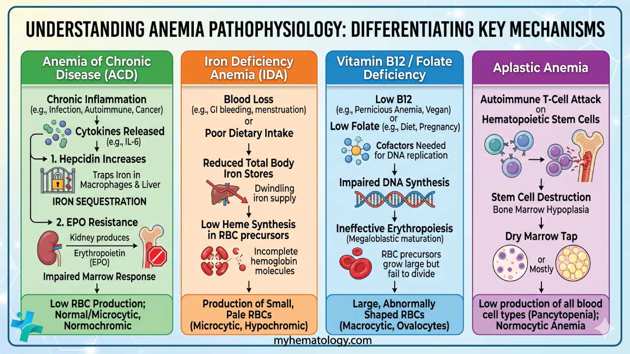 Differentiating key mechanisms of anemia of chronic disease (anemia of inflammation) from other common anemias.