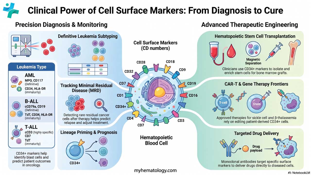 Clinical applications of cell surface markers like CD34